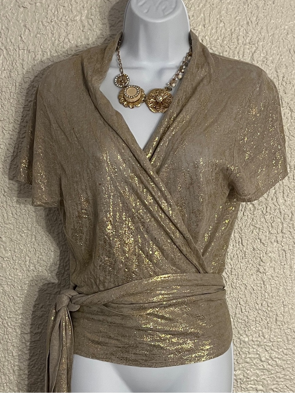 The Limited Gold-Foil Taupe Wrap Blouse